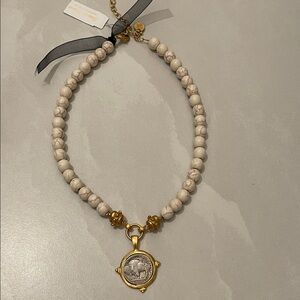 Susan Shaw Gold and Cream Beaded Necklace with Pendant
